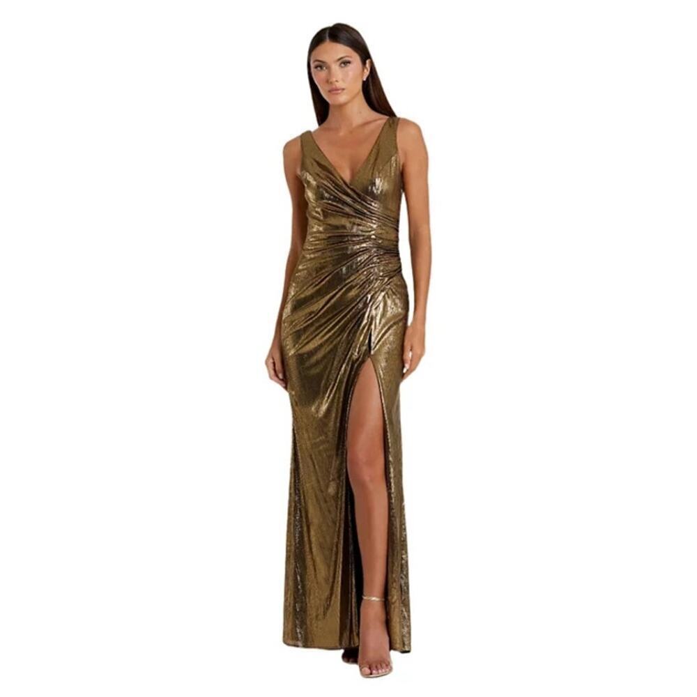 Mac Duggal Ieena Metallic Ruched Detail Front Slit Gown Antique Gold Size XS NWT